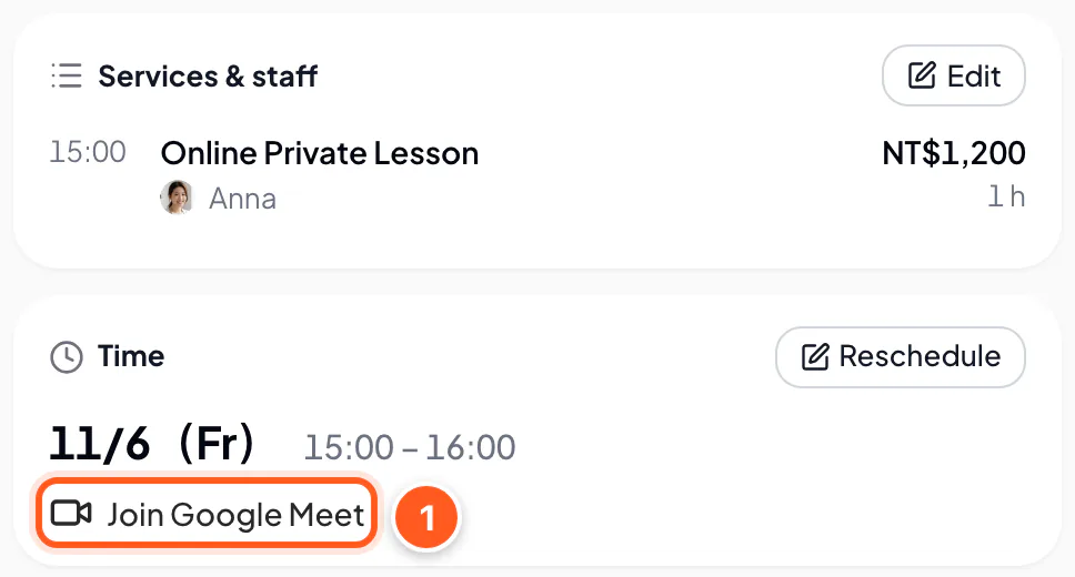 Join Google Meet below the time in the appointment details