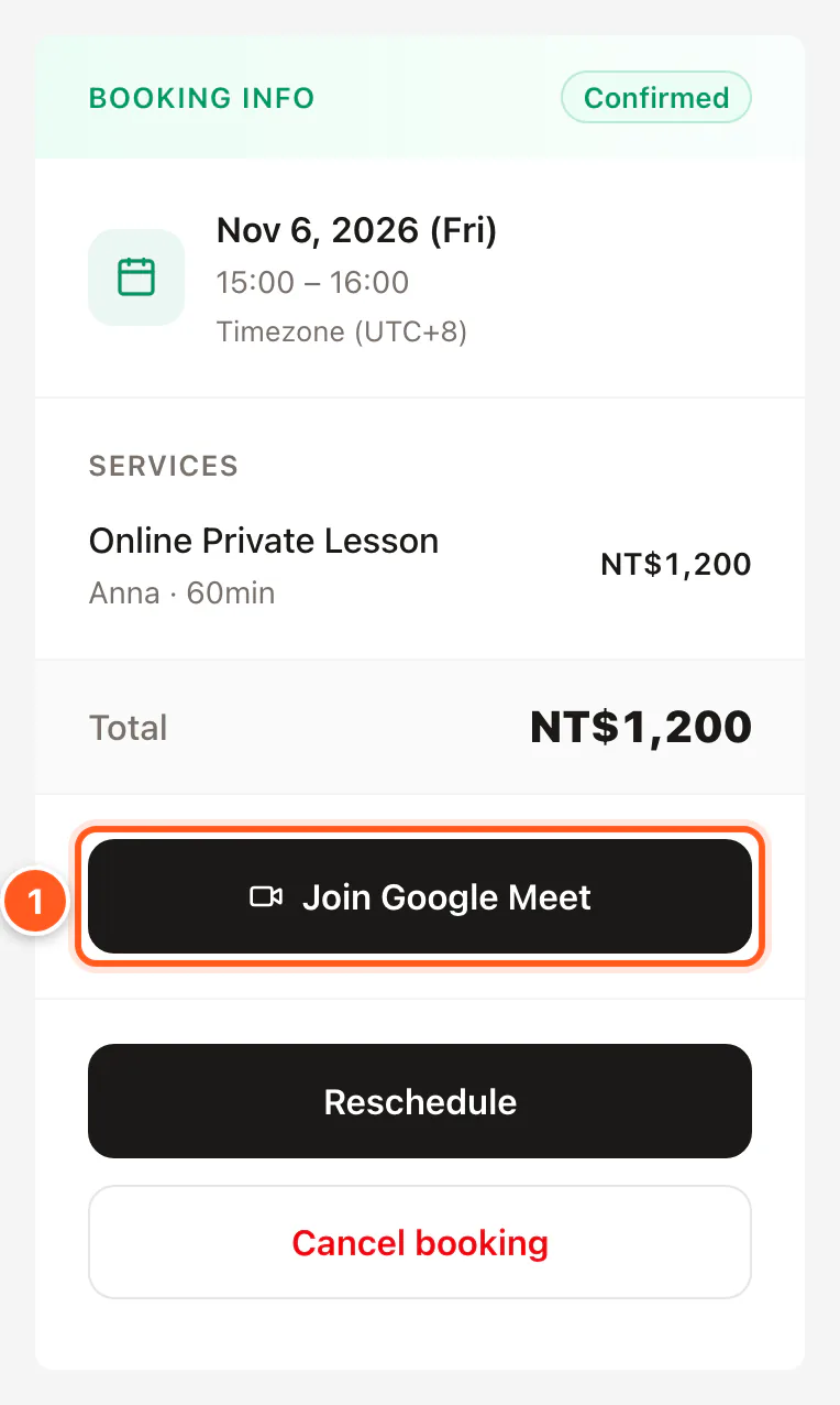 Join Google Meet button in the appointment details on the booking page
