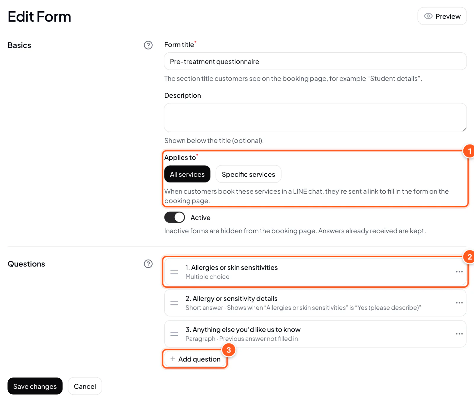 Form editor: Applies to, the question list, and Add question
