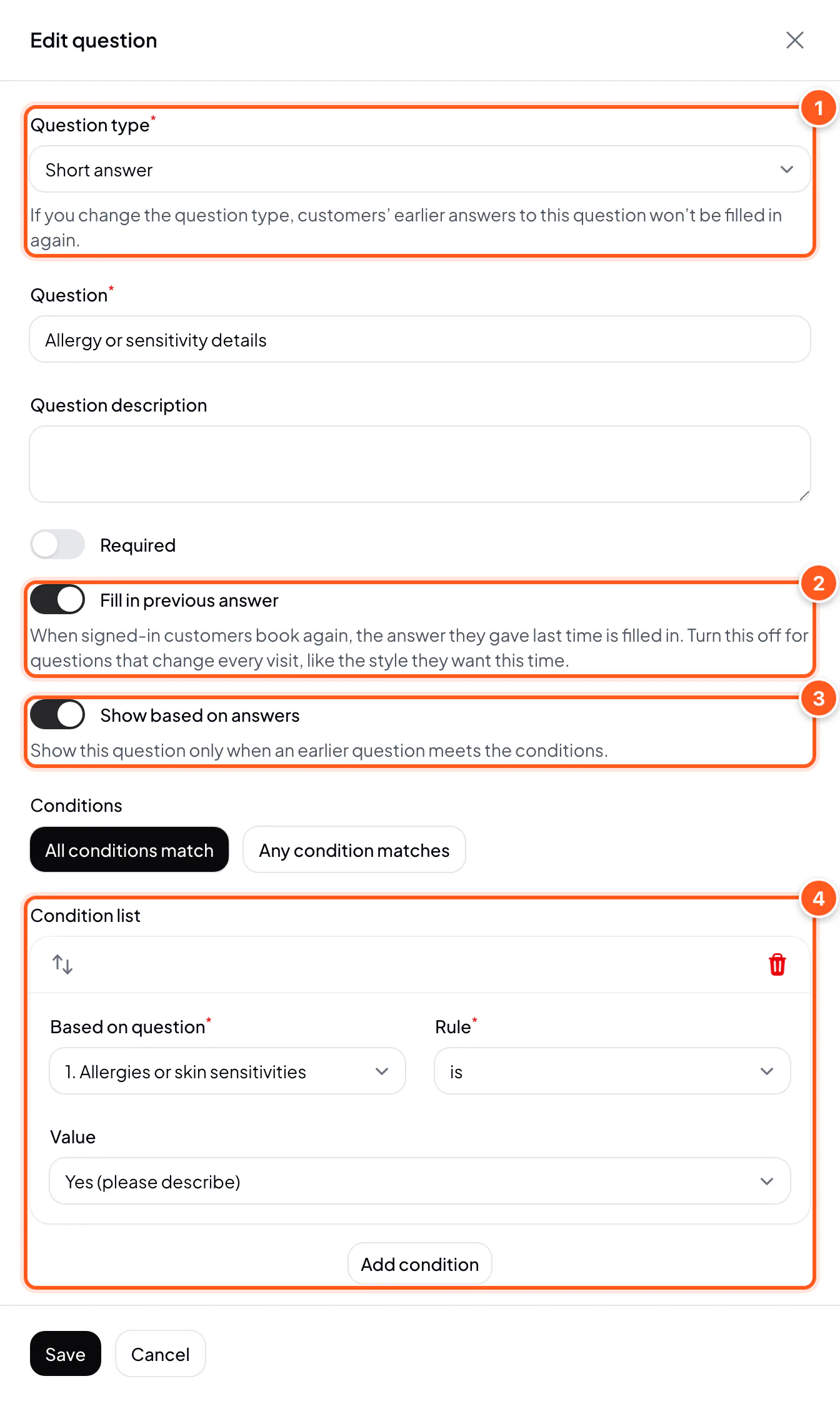 Question side panel: question type, Fill in previous answer, Show based on answers, and the condition list