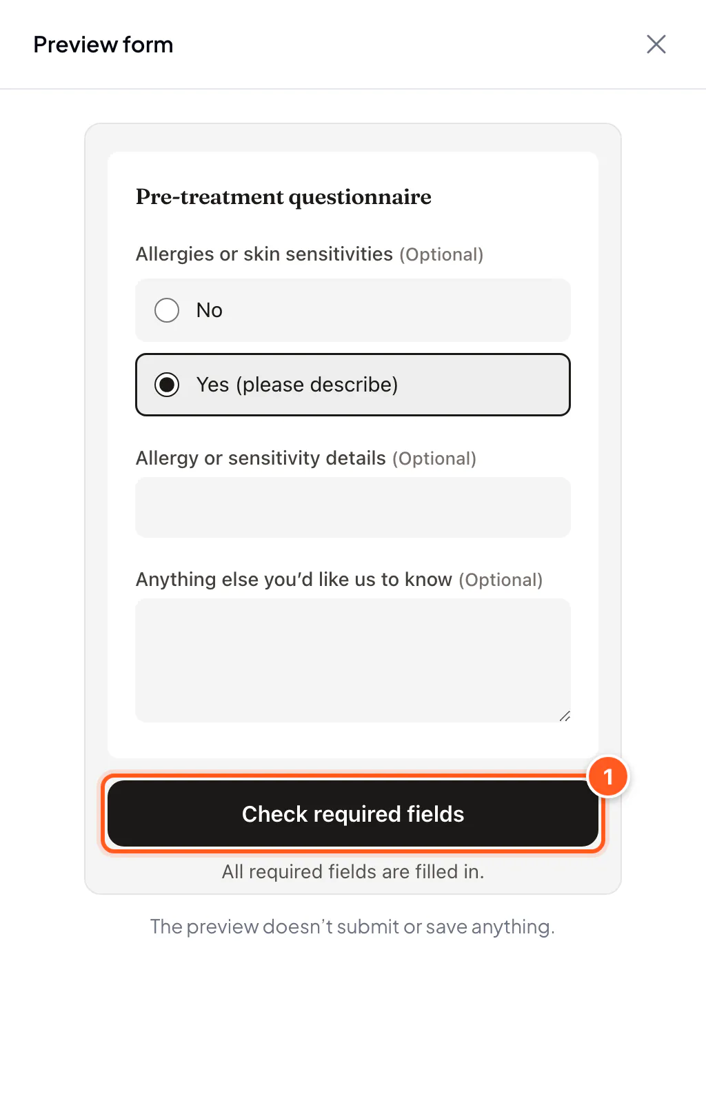 Preview side panel: the form card at phone width and the Check required fields button