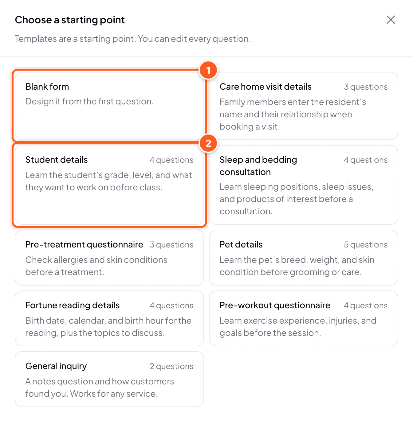 Choose a starting point: a blank form and templates for different businesses