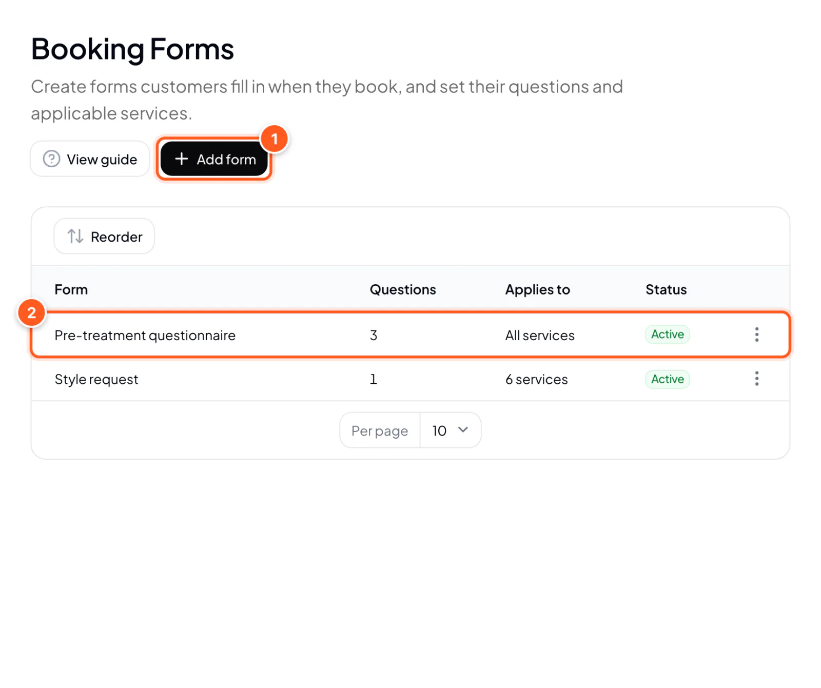 Booking forms list: the Add form button and a form row