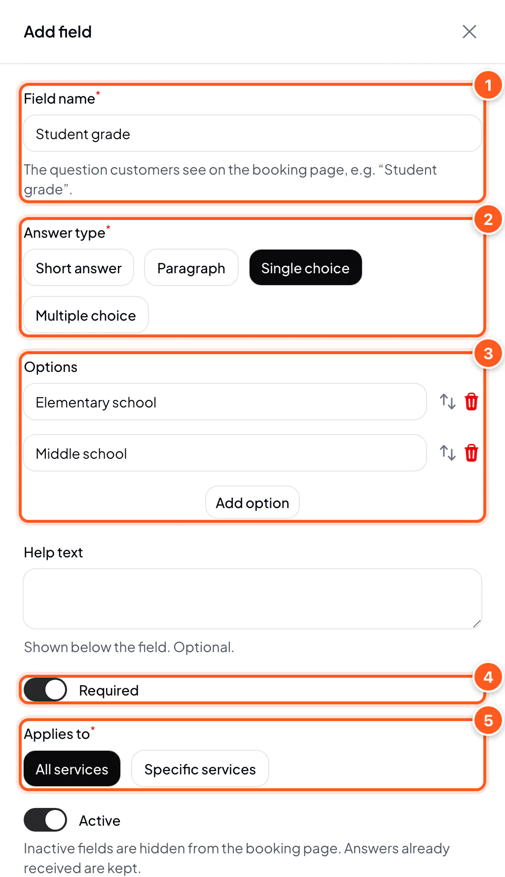 Add field panel: field name, answer type, options, required, applies to