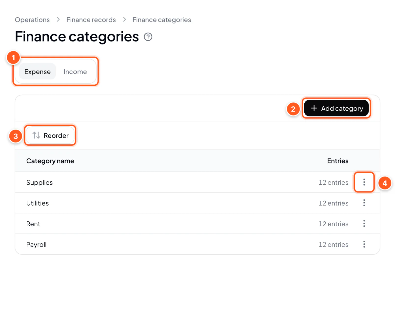 Finance categories page: Expense and Income switch, Add category, Reorder, and more actions on each row