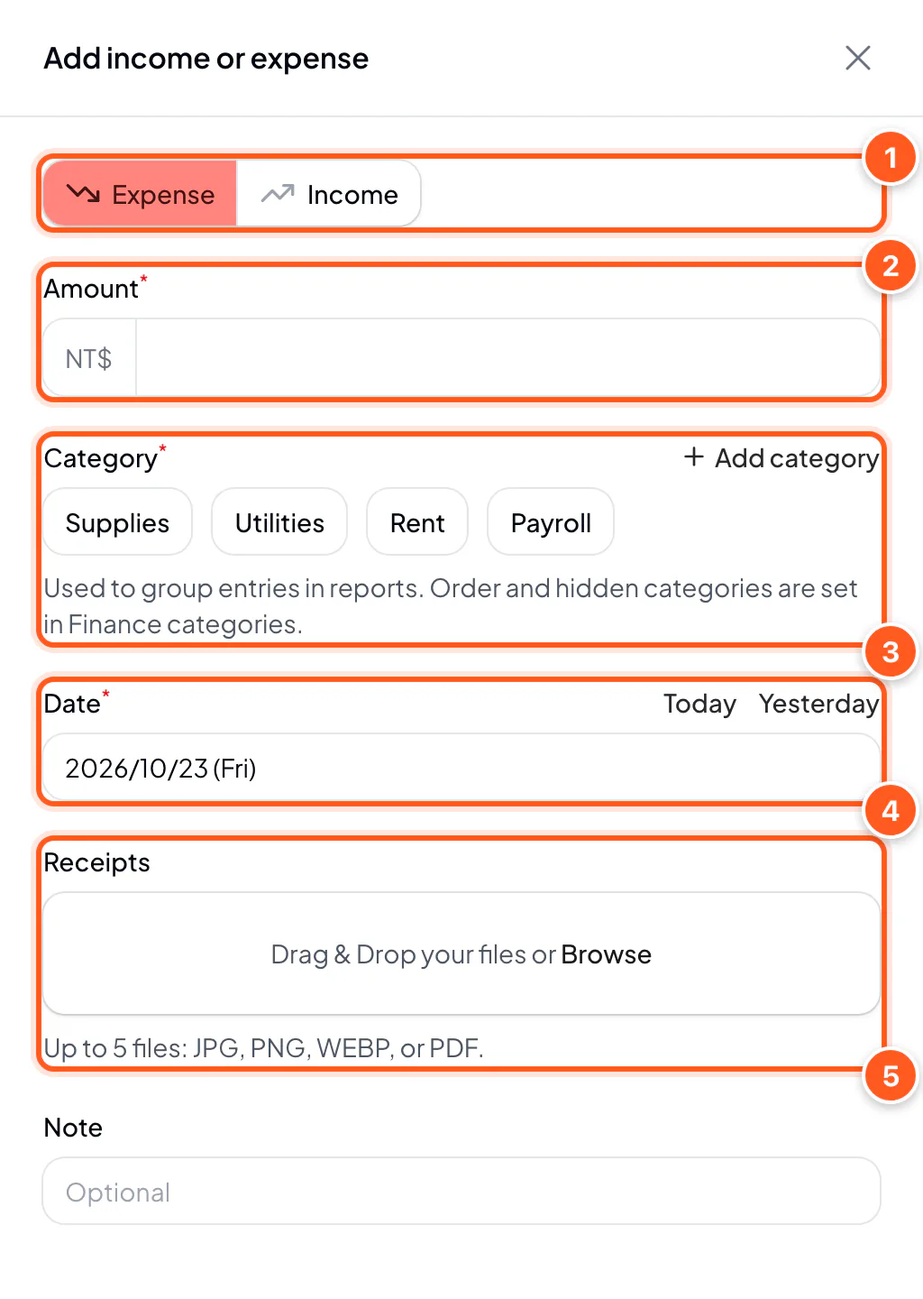Add income or expense dialog: type, amount, category, date, receipts