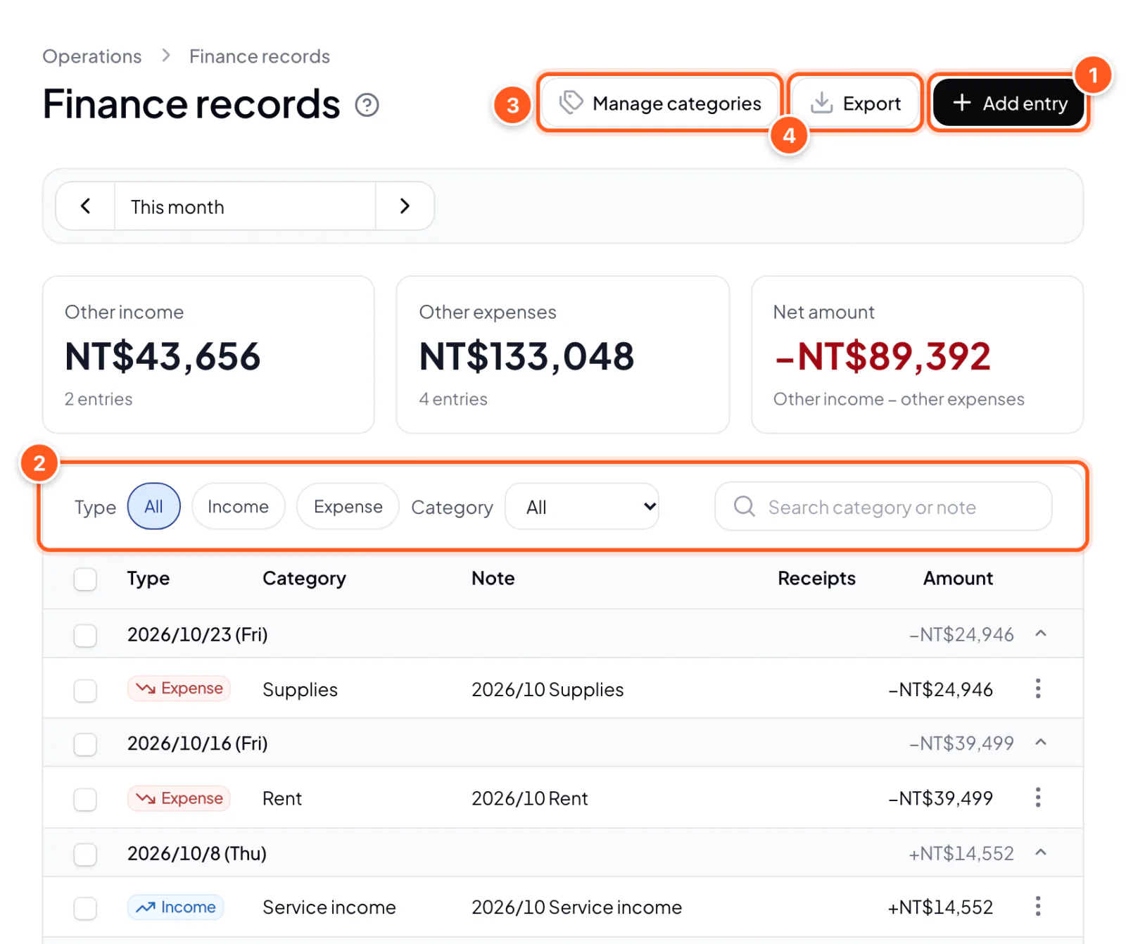 Finance records page: Add entry, filters and search, Manage categories, Export