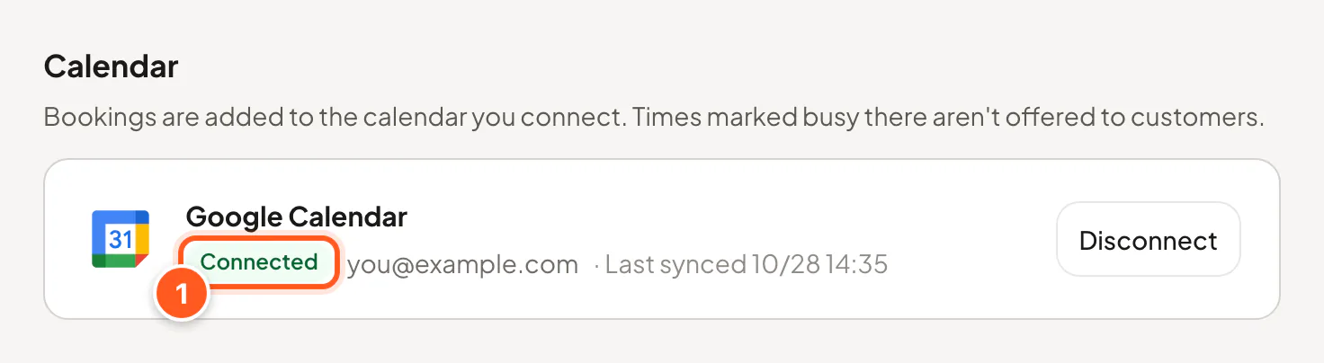 Google Calendar on the profile page showing Connected and the account email