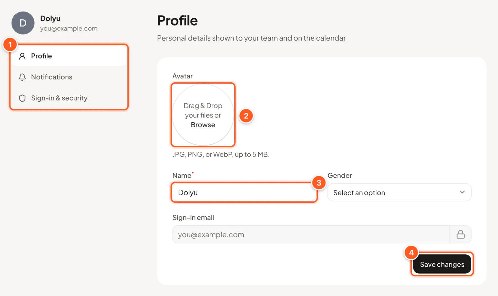 Profile tab: tabs on the left, avatar, name, gender, sign-in email, and the Save changes button