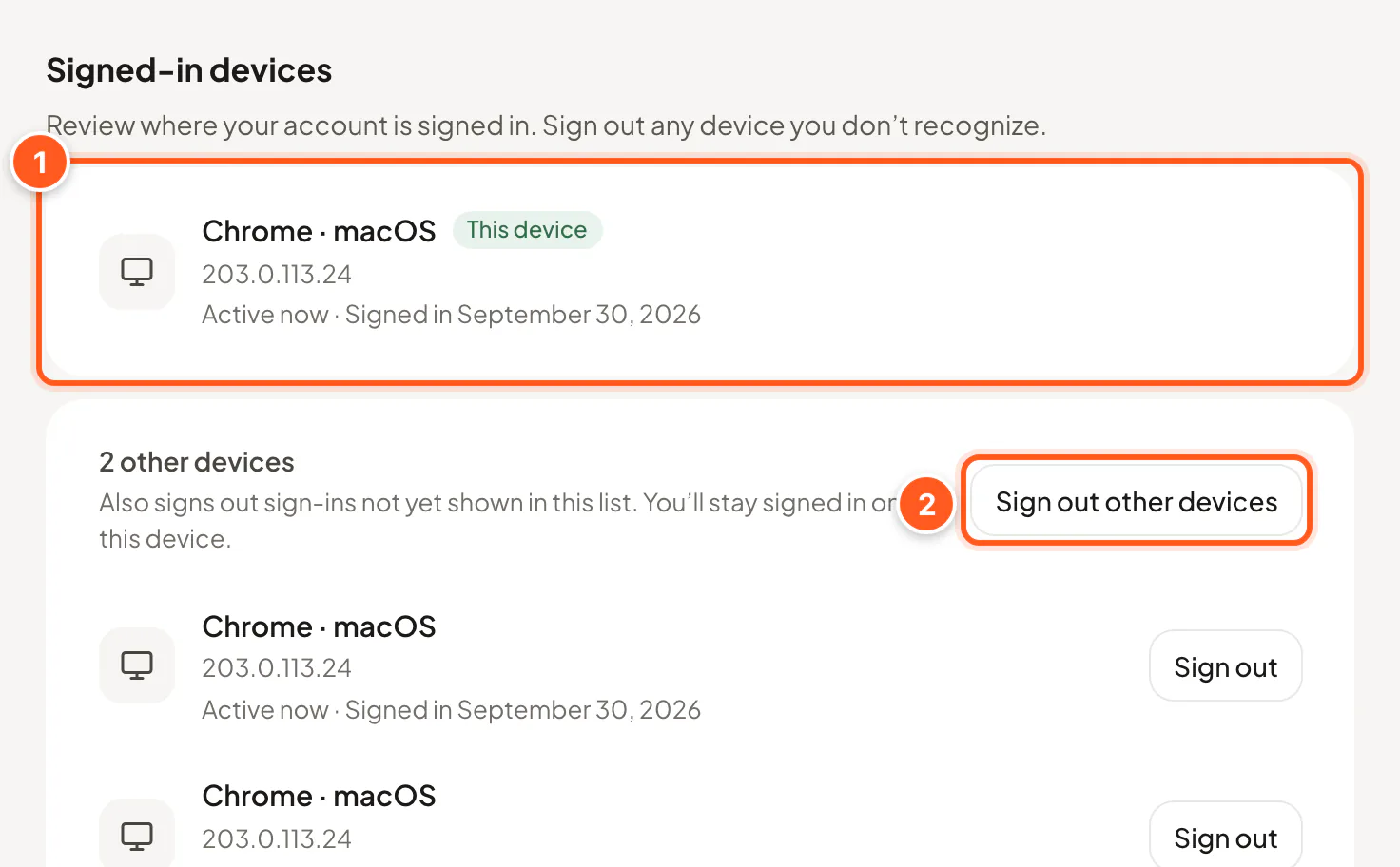 Signed-in devices: this device and the Sign out other devices button