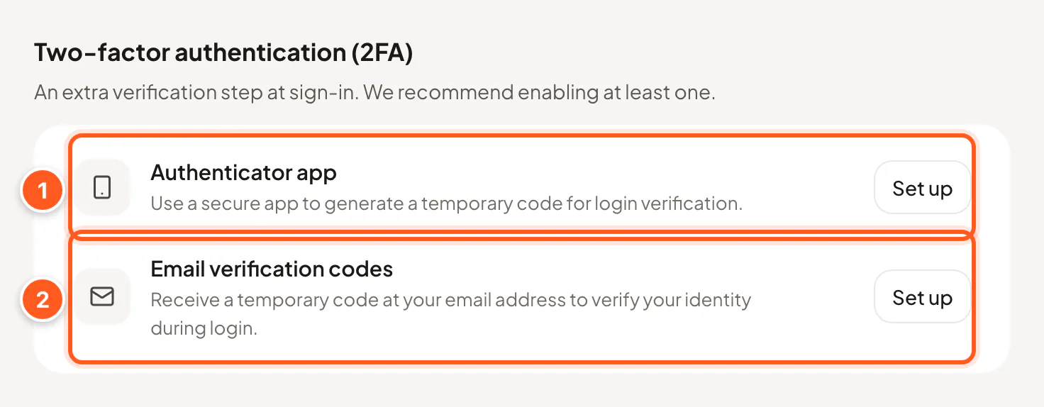 Two-factor authentication: Authenticator app and Email verification codes rows, each with a Set up button