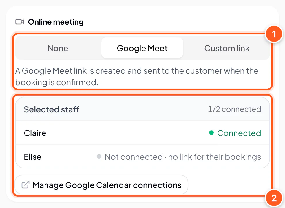 Online meeting set to Google Meet in the service form, with the selected staff members' calendar connection status