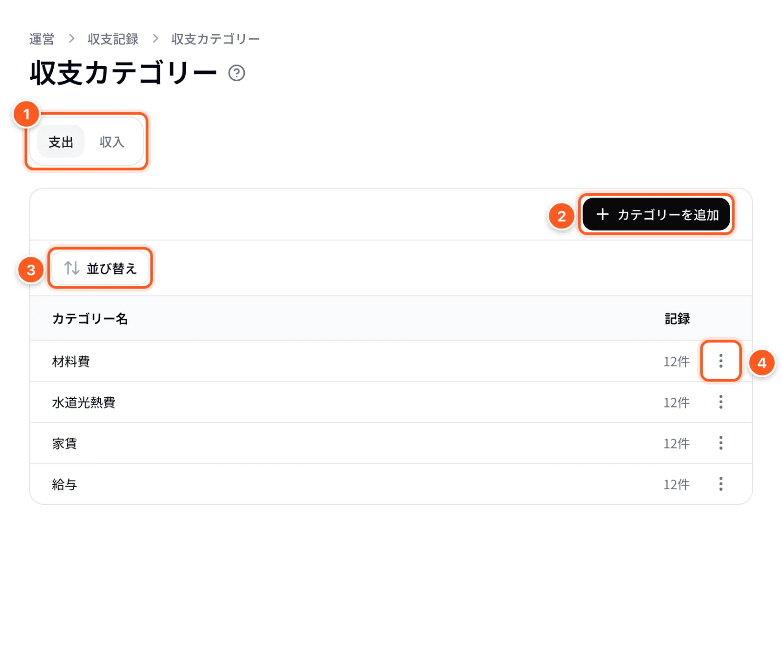 収支カテゴリーページ：支出／収入の切り替え、カテゴリーを追加、並び替え、各行のその他の操作