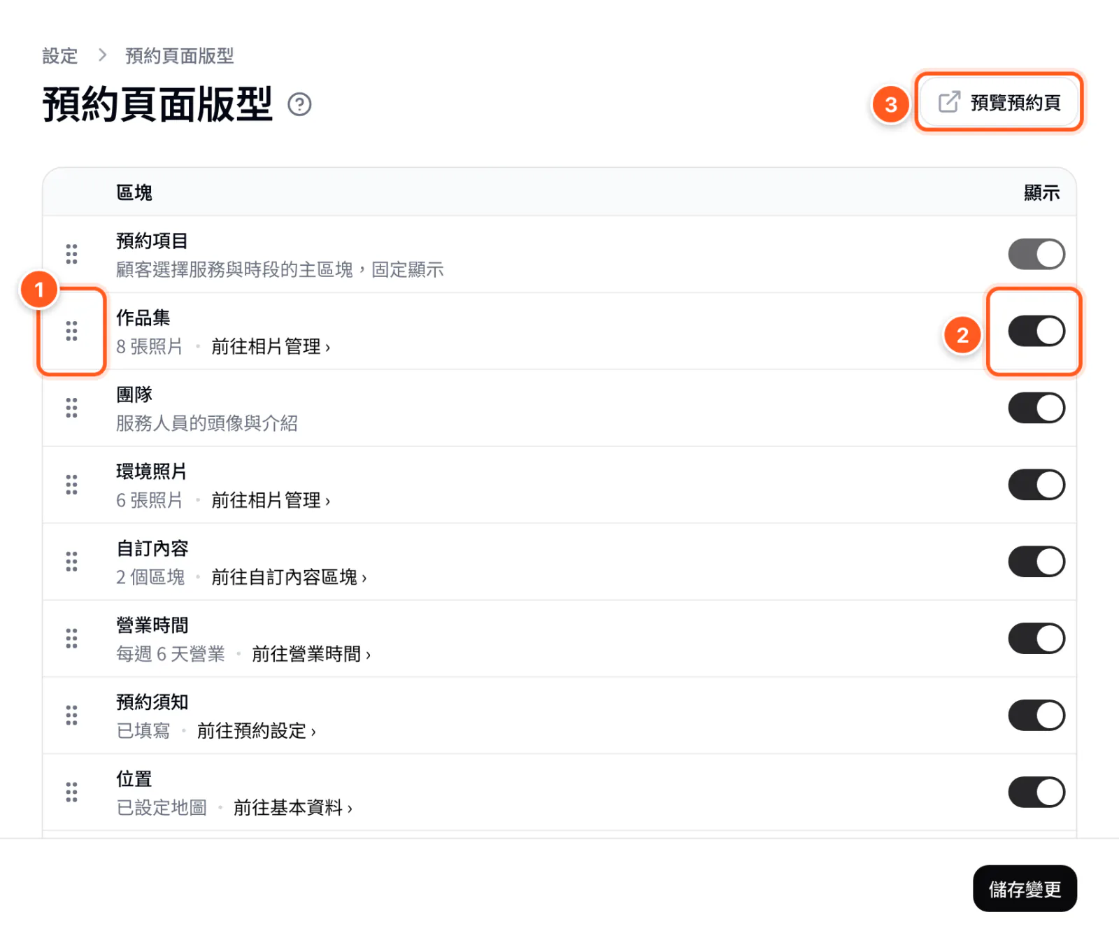 預約頁面版型表，作品集那一列的拖曳把手與顯示開關