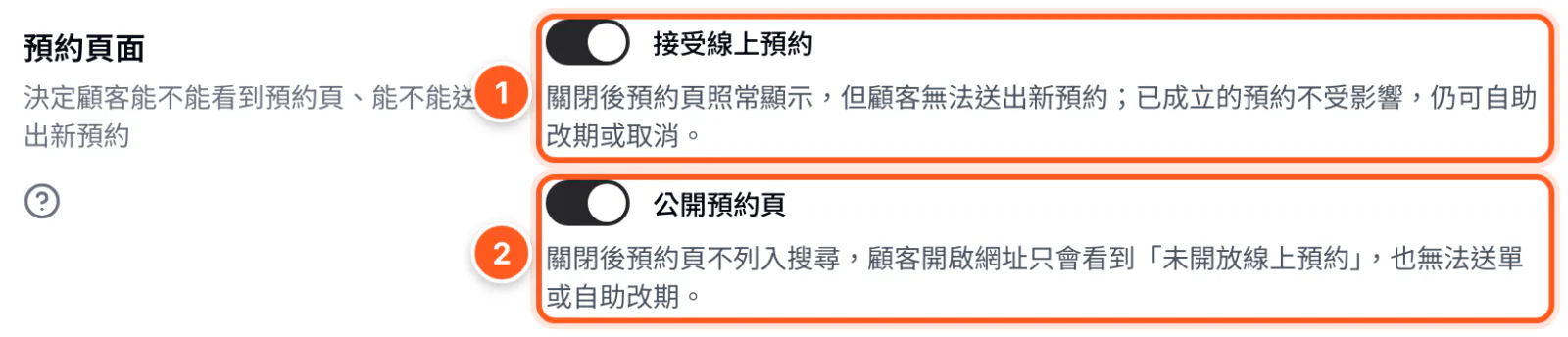 預約頁面區塊，接受線上預約與公開預約頁兩個開關