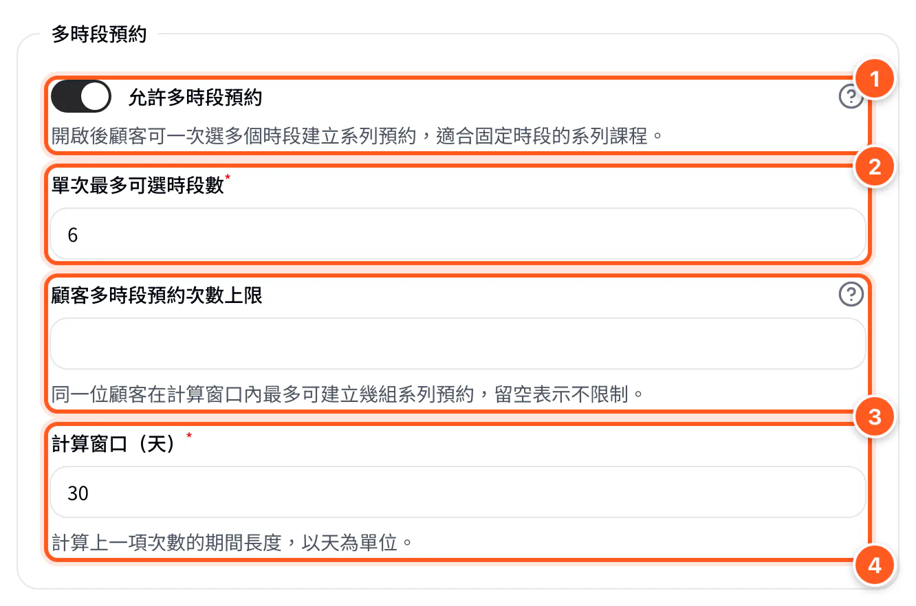 多時段預約子區塊：開關、單次最多時段數、次數上限、計算窗口