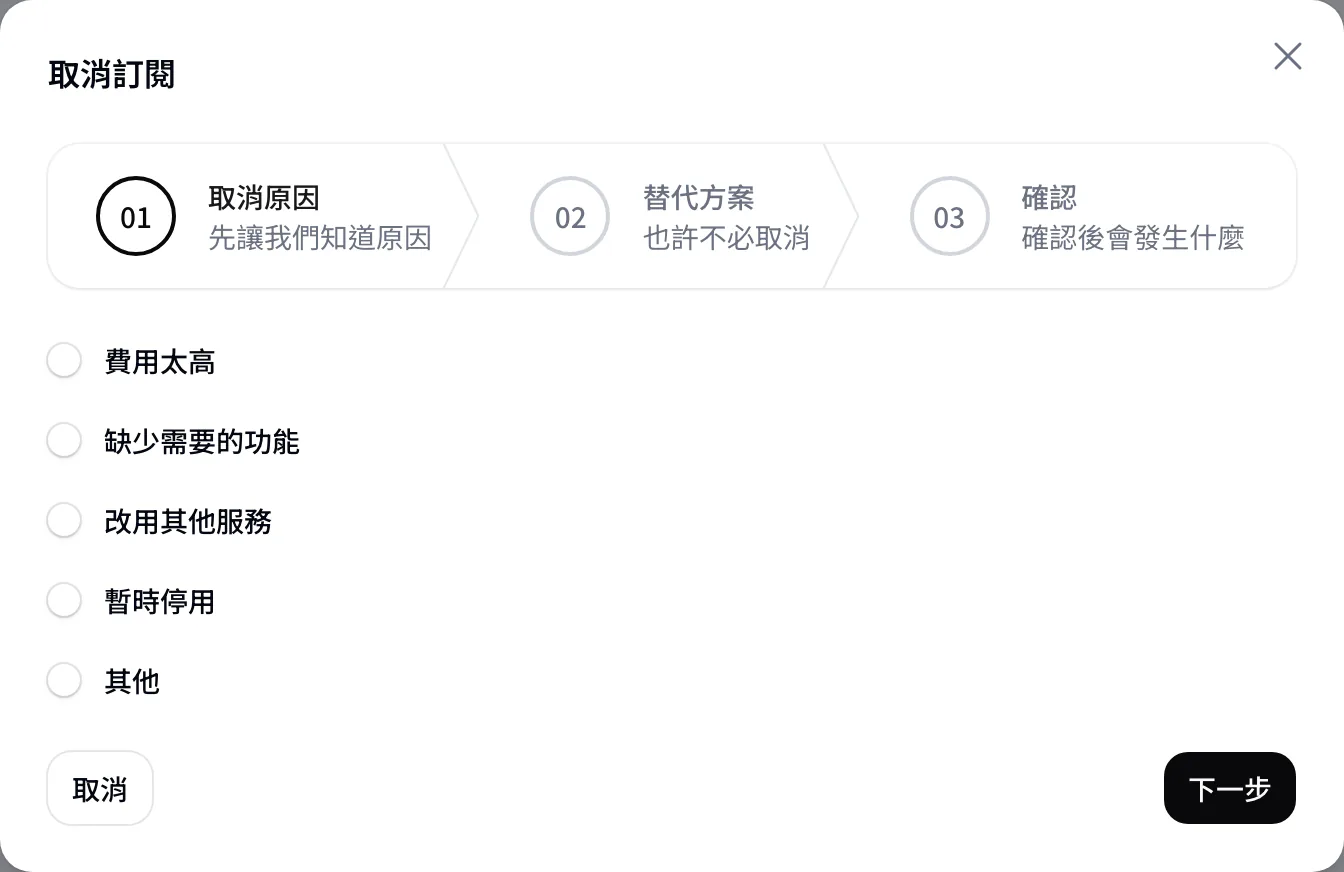 取消訂閱視窗第一步，選擇取消原因