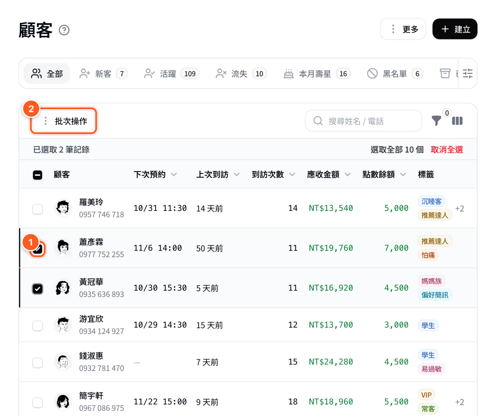 顧客清單，已勾選兩位顧客，左上角出現批次操作按鈕