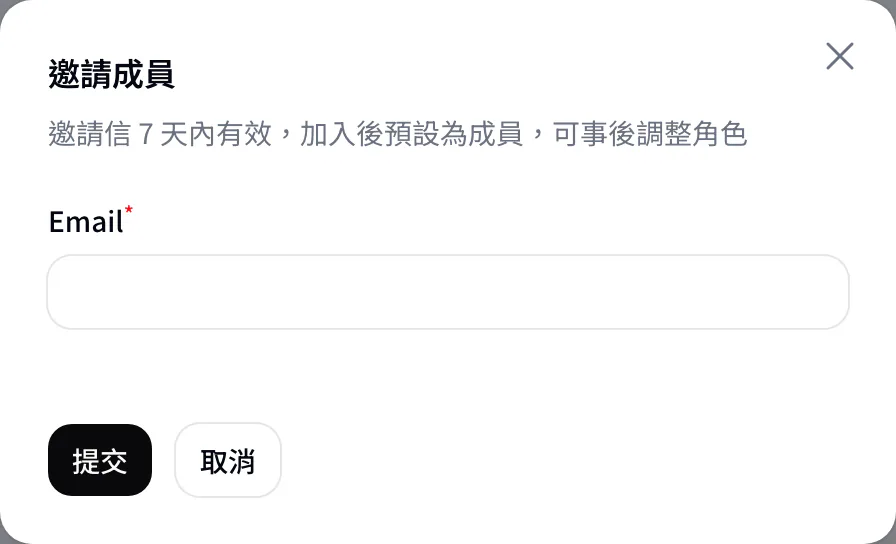 邀請成員對話框，輸入 Email 後提交