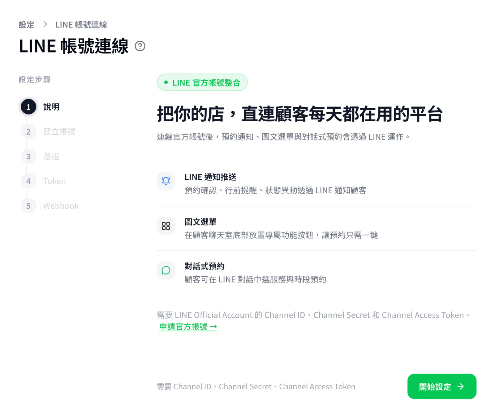 LINE 帳號連線精靈第 1 步「說明」，左側列出五個設定步驟