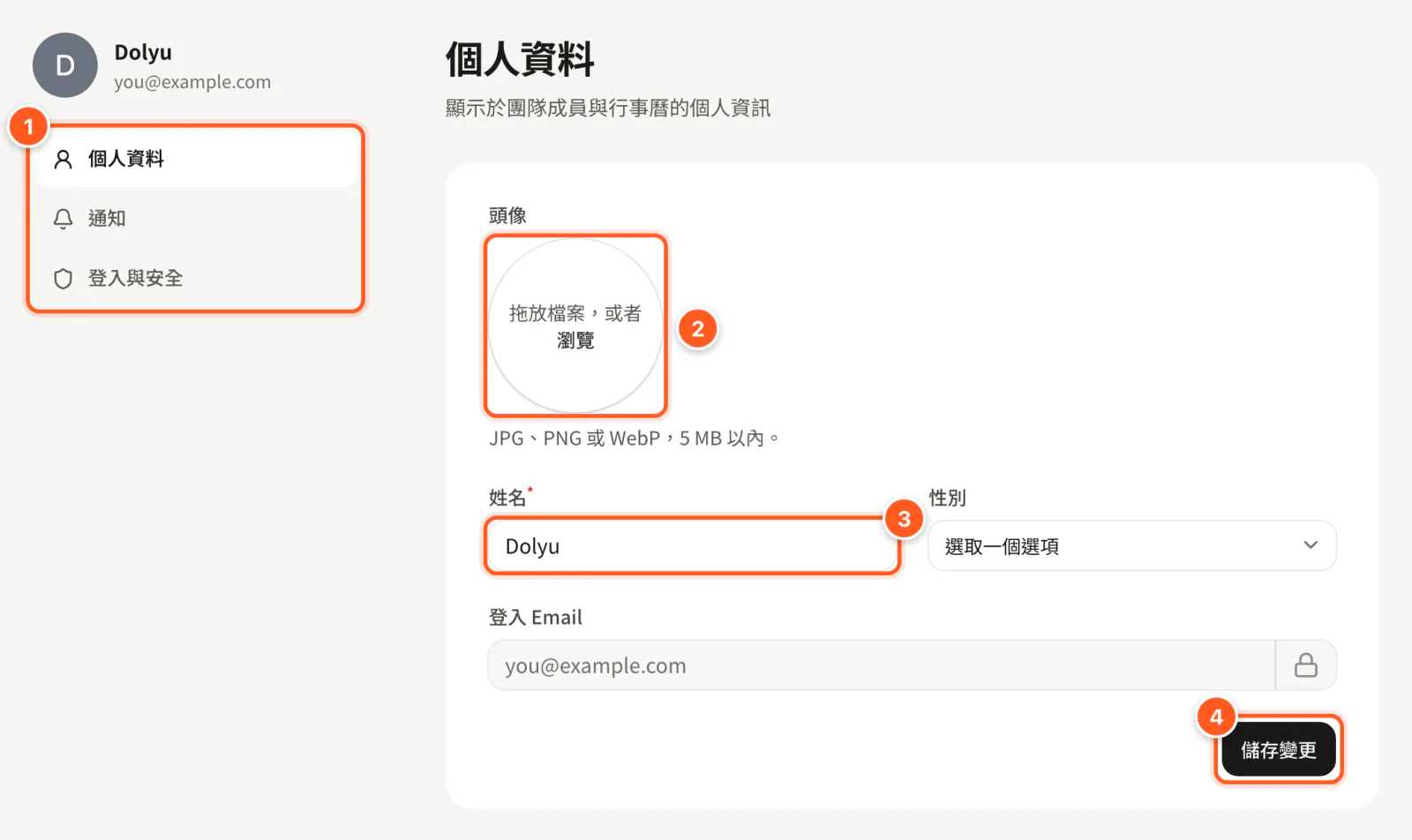 個人資料分頁：左側分頁、頭像、姓名、性別、登入 Email 與儲存變更按鈕