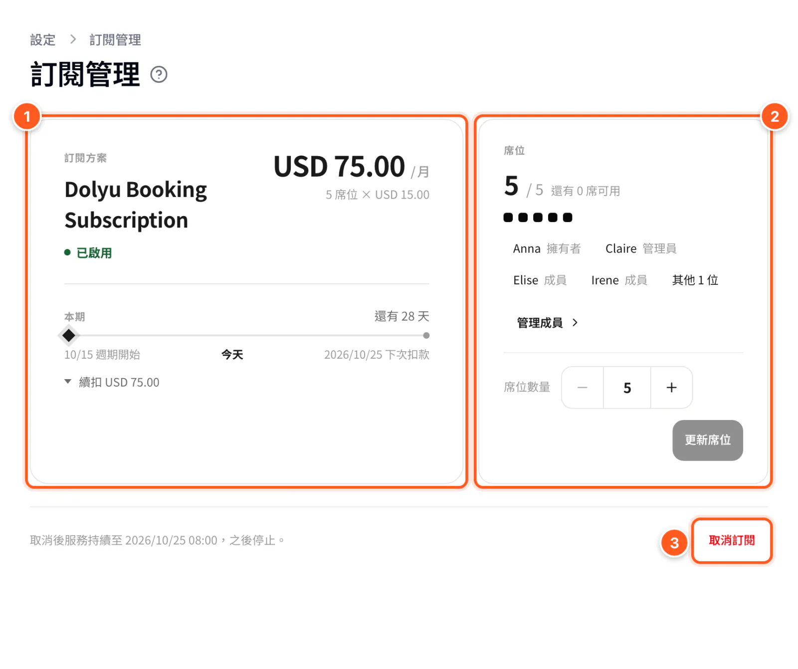 訂閱管理頁，右下角有取消訂閱按鈕